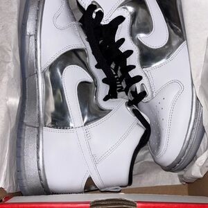 Nike White and Metallic Silver Dunk High SE